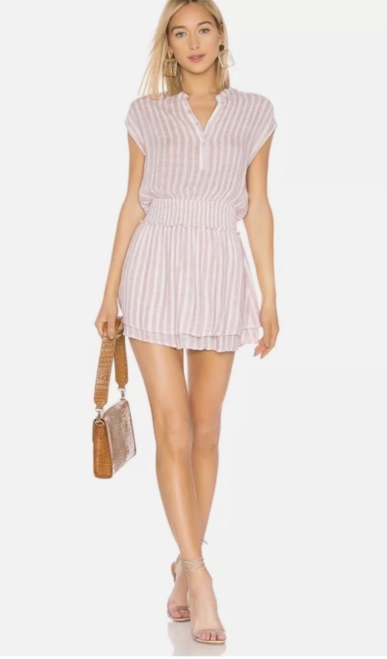 Rails Angelina Rose Pink Stripe Linen Blend Smocked Ruffle Hem Mini Dress Large
